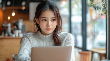 Fototapeta premium Young woman sitting at a table in a cozy cafe working on a laptop with soft natural light and modern interior background