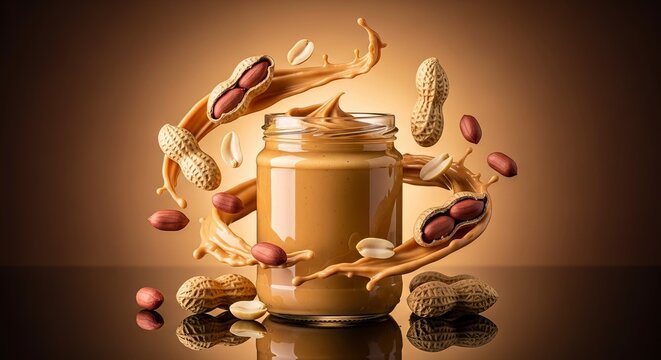 Delicious peanut butter jar with peanuts and splash on a brown background
