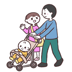 赤ちゃんを乗せたベビーカーを押す男女のイラスト