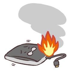 可愛いモバイルバッテリーが燃えるイラスト