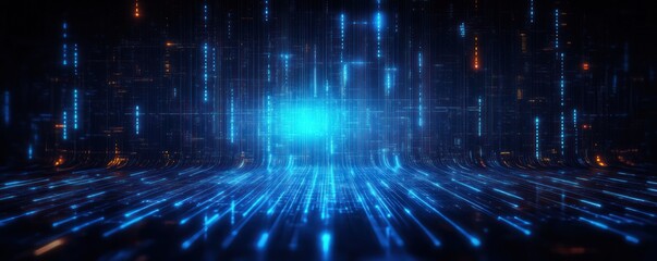 Fototapeta premium Futuristic digital data visualization with glowing blue and orange light trails forming a grid and vertical light patterns in a dark space, evoking a sense of advanced technology and connectivity