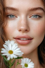 Close-up of a young woman's face with clear blue eyes, light freckles, natural makeup, and soft lips holding white daisies close to her face expressing calm and natural beauty