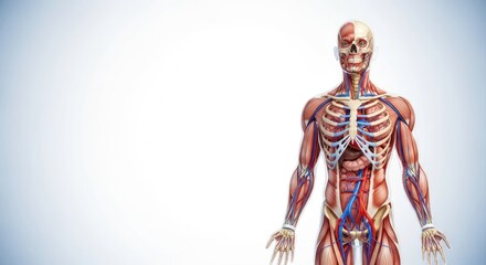 A human body with visible skin, muscles, bones, and internal organs, set against a white background.