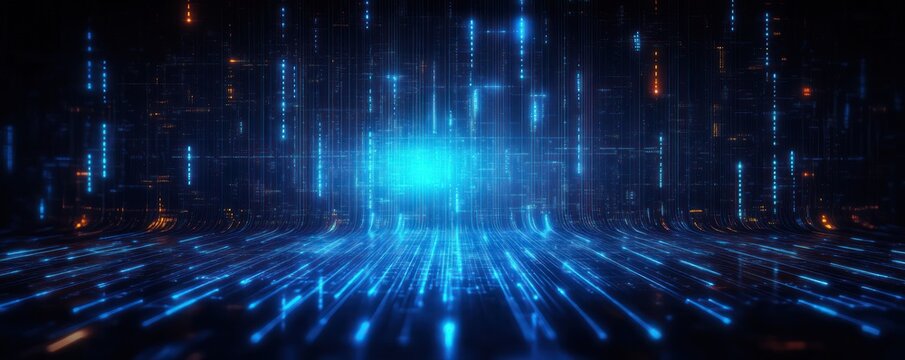 Futuristic digital data visualization with glowing blue and orange light trails forming a grid and vertical light patterns in a dark space, evoking a sense of advanced technology and connectivity