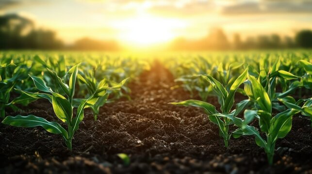 Young green plants growing in fertile soil with warm sunlight illuminating the field at sunrise or sunset, evoking growth and renewal