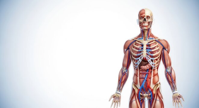 A human body with visible skin, muscles, bones, and internal organs, set against a white background.