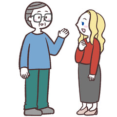 シニア男性と白人女性が会話するイラスト