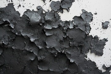 Obraz premium Close-up image of peeling black paint revealing a rough texture and cracked surface on a white background