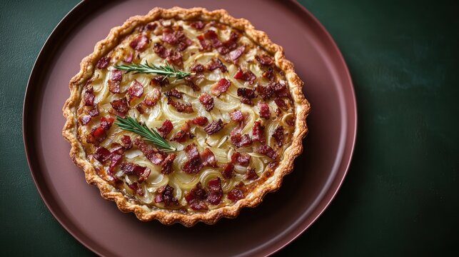 Savory tart with caramelized onions and crispy bacon pieces garnished with fresh rosemary on a brown plate against a dark green background