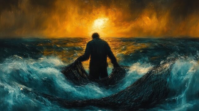 Silhouetted figure standing in turbulent ocean waves holding fishing nets under a dramatic orange glowing sky at sunset or sunrise