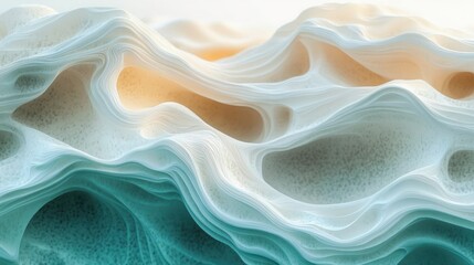 Obraz premium Delicate layered structure with soft gradients in pale blue and beige tones creating an abstract fluid landscape with smooth curves and textured surfaces