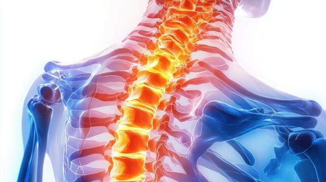 3d medical illustration of human spine and shoulder bones highlighting spinal column in red and yellow tones against translucent skeletal upper body