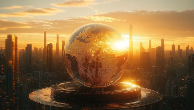 Futuristic cityscape at sunset with a glowing golden globe featuring continents, surrounded by modern skyscrapers and reflective surfaces