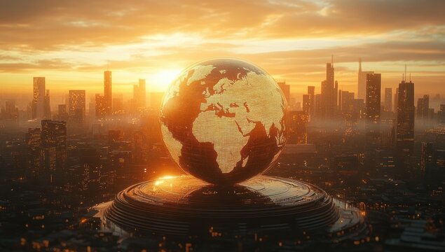 Glowing golden globe depicting Earth hovering above a circular modern platform with a futuristic cityscape and warm sunset in the background