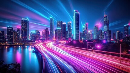 Vibrant city skyline at night with illuminated skyscrapers and dynamic neon light trails of fast-moving traffic on a waterfront highway, creating an energetic and futuristic atmosphere