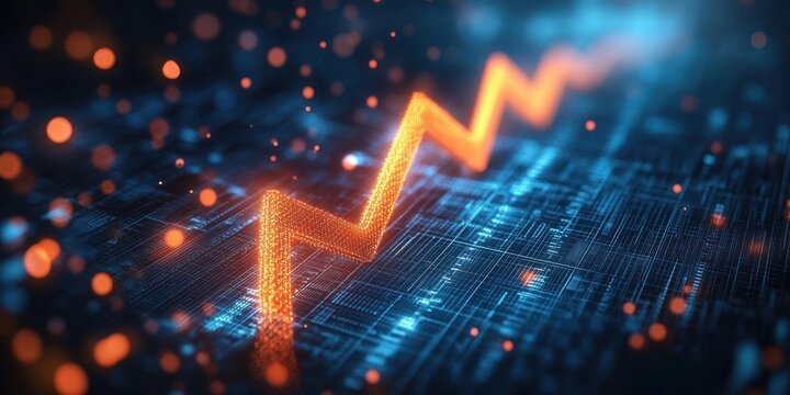 Glowing orange zigzag line graph rising over a futuristic blue digital data grid with floating particles