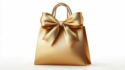 Obraz premium elegant golden gift bag with shiny large bow and braided handles on white background