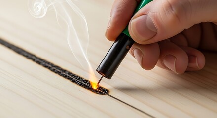 Woodburning process creating art on light wood grain surface concept