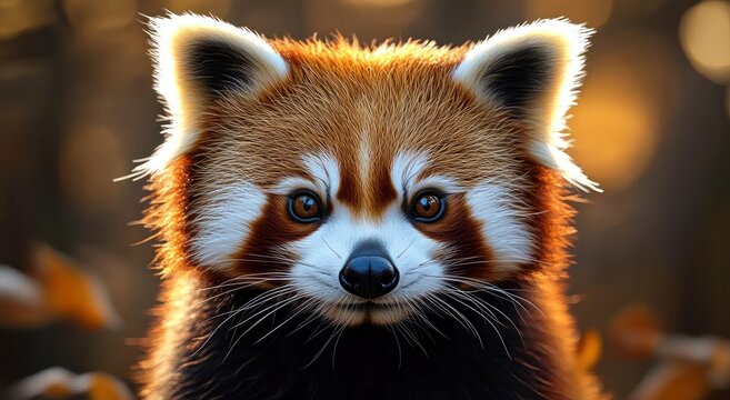 Close-up of a curious red panda with bright expressive eyes and fluffy fur illuminated by warm sunlight in a natural outdoor setting