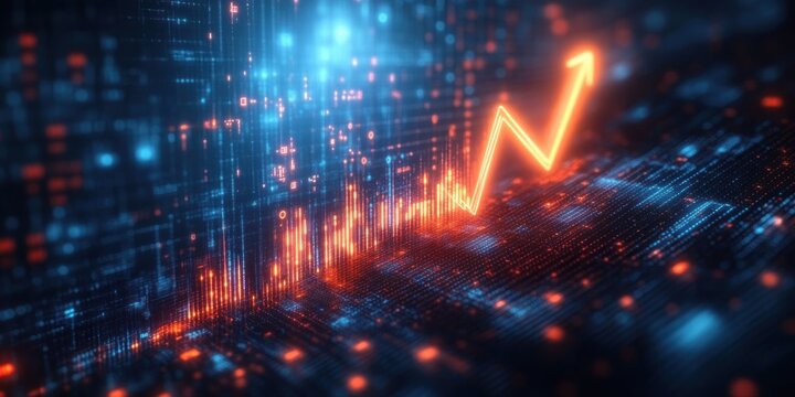 Glowing orange upward arrow and graph lines over digital blue and red data matrix background symbolizing growth and financial success - Powered by Adobe