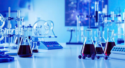 A laboratory bench with various glassware and equipment in a blue-lit environment.