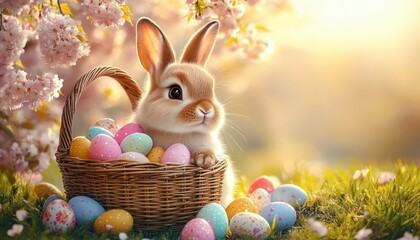 Adorable bunny sitting inside a wicker basket surrounded by colorful decorated Easter eggs on green grass with blooming pink flowers and soft sunlight in the background