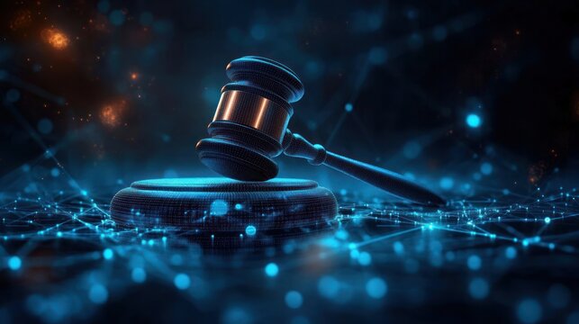 Digital rendering of a judge's gavel and sound block surrounded by neon blue network connections symbolizing technology and law