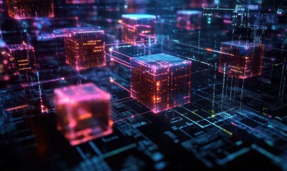 Glowing interconnected digital cubes over a dark futuristic circuit board background representing data flow and technology