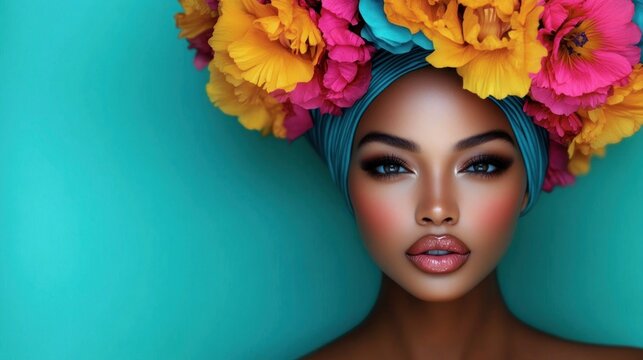 Portrait of a beautiful woman with flawless makeup wearing a vibrant floral headpiece against a turquoise background, emitting confidence and elegance