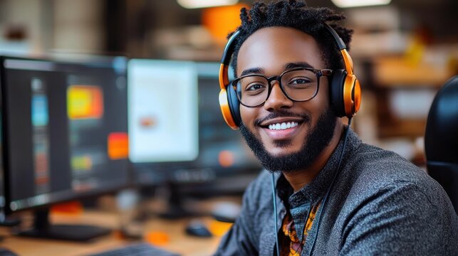 Smiling young man with glasses wearing orange headphones sitting in front of multiple computer screens in modern workspace