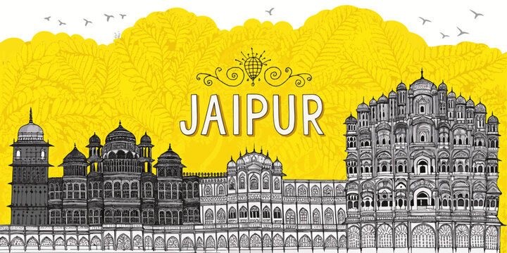Jaipur India Skyline Drawing with Iconic Landmarks &ndash; Hawa Mahal, Amer Fort, City Palace, Jal Mahal | Minimalist Cultural Sketch for Rajasthan Tourism Prints