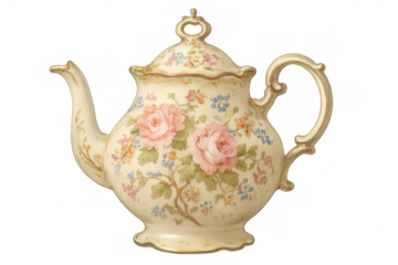 Vintage teapot featuring delicate pink roses, blue and orange floral patterns, and ornate gold accents