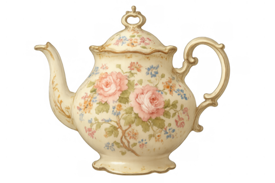 Vintage teapot featuring delicate pink roses, blue and orange floral patterns, and ornate gold accents