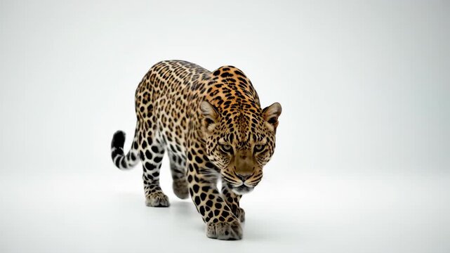Majestic Leopard Stalking on a Pristine White Background, Graceful Predator in Motion.