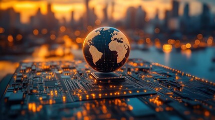 Glowing digital globe displaying world map hovering over illuminated circuit board with city skyline blurred in background at sunset