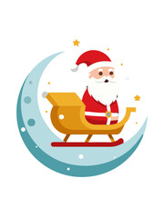 Santa claus rides a golden sleigh on a crescent moon under a starry night sky