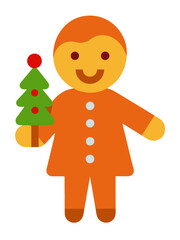 Gingerbread person holding a small decorated christmas tree with a red bauble on top