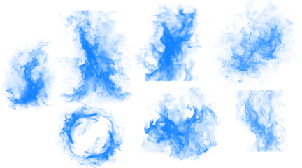 Set of seven dynamic blue paint splashes and brush strokes with textured edges, perfect for abstract graphic design elements.