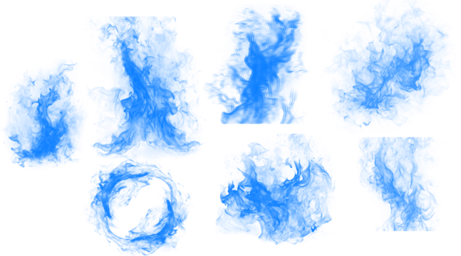 Set of seven dynamic blue paint splashes and brush strokes with textured edges, perfect for abstract graphic design elements.