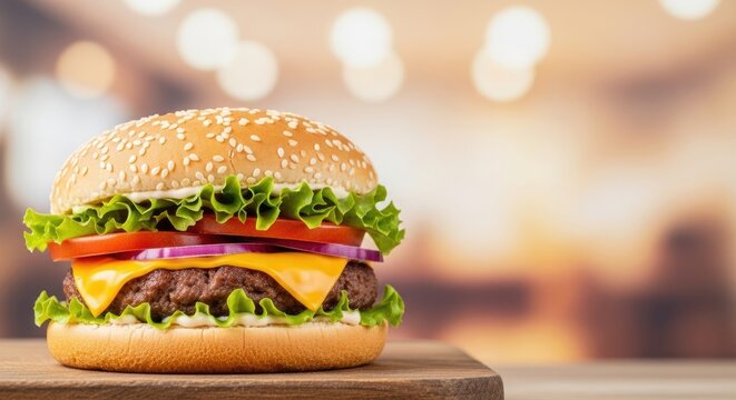 A delicious cheeseburger with lettuce, tomato, and onion on a sesame seed bun.