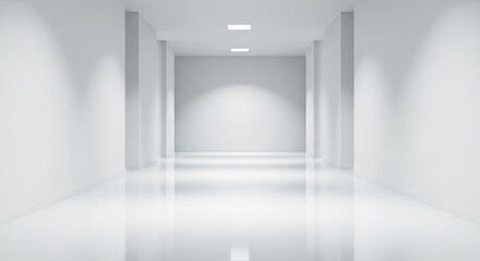 A white corridor with a single light source illuminating the walls.