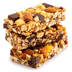 Stack of three granola bars with nuts and chocolate