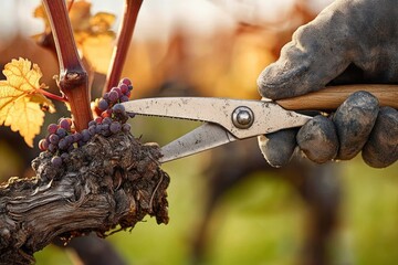 Close-up of a gloved hand pruning a grapevine branch with small grapes and autumn leaves in warm sunlight