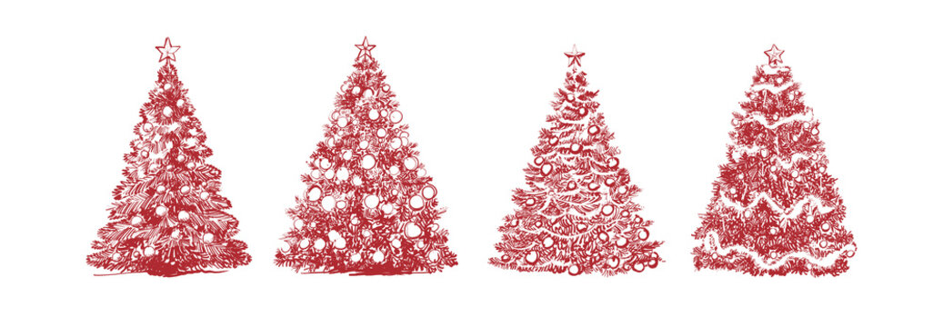 Couple of Christmas Tree sketch red line art with transparent background