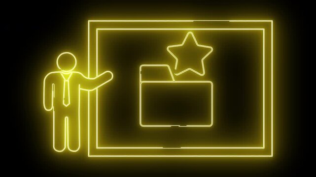 Neon yellow outline of a person pointing to a rectangle with a folder and star on a black background