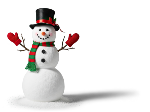 A snowman with a red and green scarf and hat, standing on a snow-covered ground with a white background.