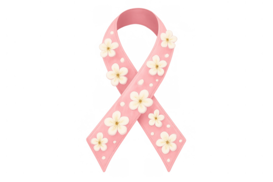Pink awareness ribbon with white flowers and dots, symbolizing breast cancer support, hope, and charity, transparent background