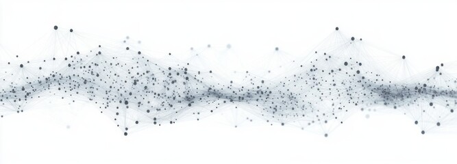 Abstract digital network with interconnected black dots and thin lines forming wave-like pattern on white background, symbolizing data flow and communication