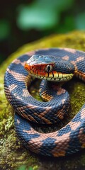 Obraz premium Close-up of a coiled snake with intricate black, orange, and cream-colored scales resting on mossy ground in a natural green environment