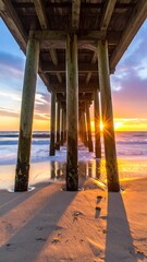 Sunrise view from under a wooden pier on the beach